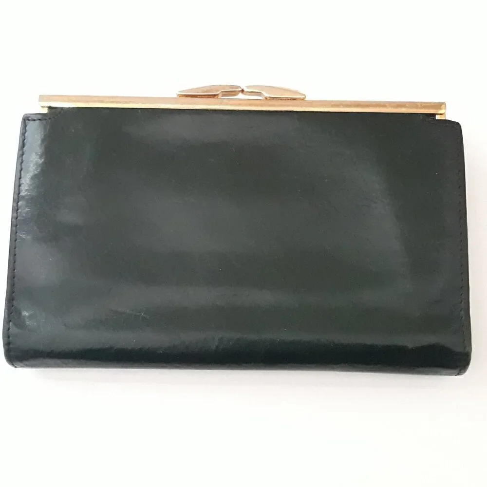 Vtg Bosca Hand Stained Hide Green Leather Kisslock Tri-fold Check Book Wallet